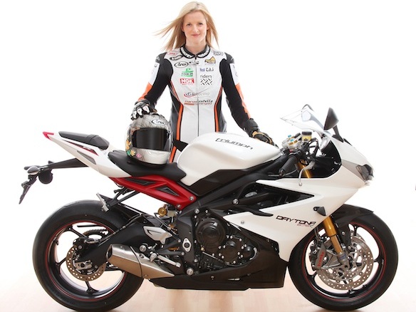 Maria Costello MBE and the Bob Wylie Racing Triumph 675R in road trim ready to be prepared for the 2013 race season (www.beckphotographic.com)
